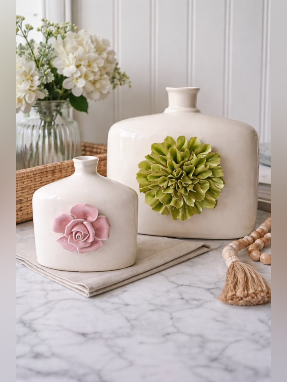 CERAMIC FLORAL VASE SET (2) RAISED FLOWER DETAIL COTTAGE DECOR
